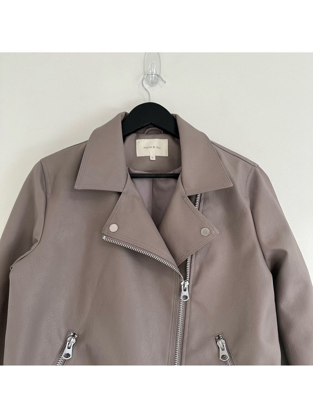 Monk & Lou Faux Leather Vegan Moto Jacket Size XL Taupe - Picture 12 of 14